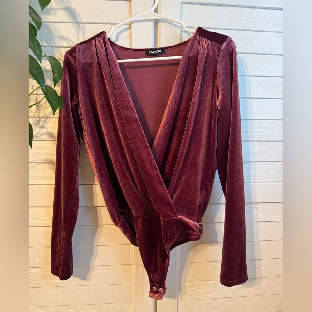Express Women's Burgundy Velvet Wrap Bodysuit
